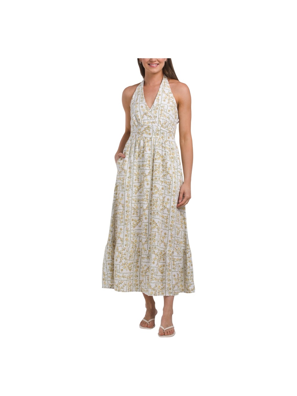 Joie White Yellow Floral Linen Blend Halter Midi Maxi Dress NWT Size 8 - Picture 3 of 13